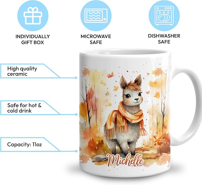 Hyturtle Personalized Fall Llama Coffee Mug, Autumn Décor for Farmhouse | Birthday Gifts For Llama Lovers - Fall Autumn Decor Gifts For Thanksgiving - Custom Name 11oz White Ceramic Coffee Tea Mug - Image 3