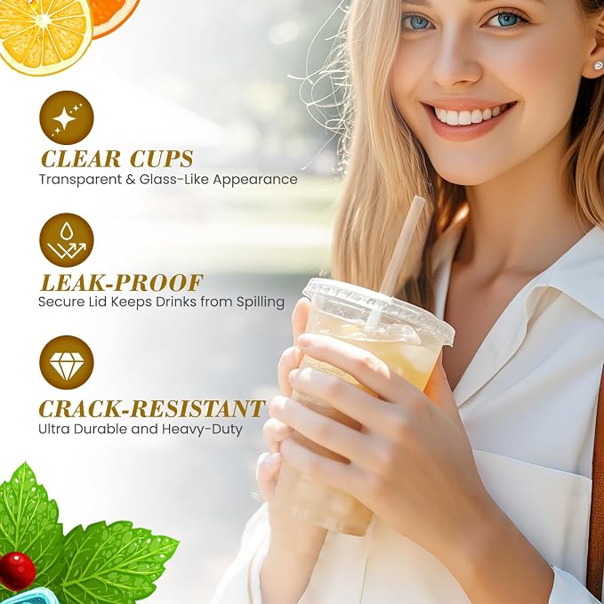 Ginkgo 100-Pack 20oz Clear Plastic Cups with Lids and Straws | Leak-Proof & Sturdy Iced Coffee Cups with Lids, Disposable To Go Cups for Smoothies, Cold Beverages - Image 3