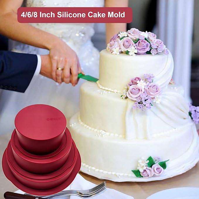 Nalchios 3-Piece Wine Red Silicone Round Cake Pans Set for Baking, Non-stick Flexible Silicone Baking Mold Pans for Layer Cake, Cheese Cake, Chocolate Cake 4+6+8 Inch