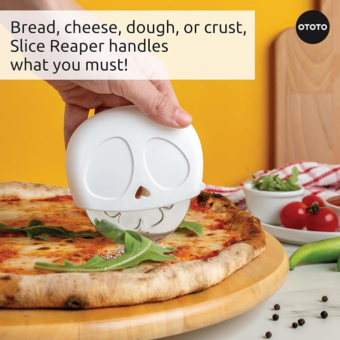 NEW - OTOTO Slice Reaper Pizza Cutter Wheel - Funny Gifts, Grim Reaper Halloween Gifts Cute Kitchen Accessories, Pizza Slicer with Cover, Kitchen Gothic Spooky Gifts, Stainless Steel Handheld (Skull) - Image 4