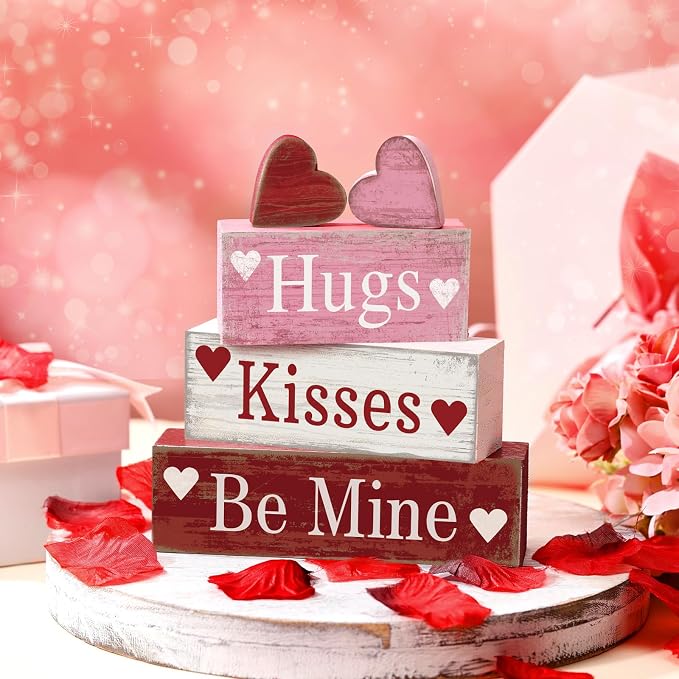 Moucuny 4 Pcs Valentine's Day Table Decorations Wooden Heart Valentine Tiered Tray Decor Valentine Day Centerpiece Rustic Decorative Heart Block Signs Gift Farmhouse Valentines Decor for Home Kitchen - Image 2