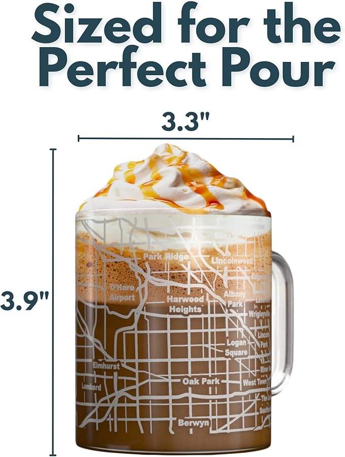 Greenline Goods – Chicago, IL Map Glass Coffee Mugs (Set of 2), 16 oz – Etched Wrap Design