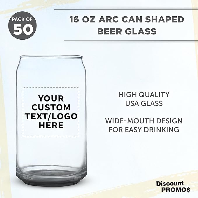 Custom Beer Can Glasses Set of 50, 16 oz. Pint Sized, Promotional Text, Logo, Soda Can Shape, Glassware, Black