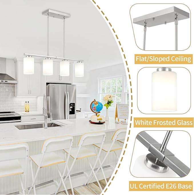 Brushed Nickel Kitchen Island Lighting Modern Dining Room Light Fixtures | 4-Light Linear Chandelier Over Table, 30'' Island Lights for Kitchen White Frosted Glass Shades, Adjustable Height - Image 6