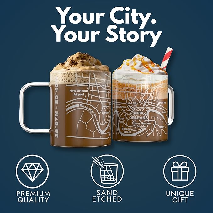 Greenline Goods – New Orleans, LA Map Glass Coffee Mugs (Set of 2), 16 oz – Etched Wrap Design