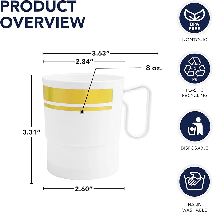 Party Essentials 8-Ounce Hard Plastic Coffee Cup/Tea Mug with Handle, 20-Count, White W/Gold Rim - Image 3