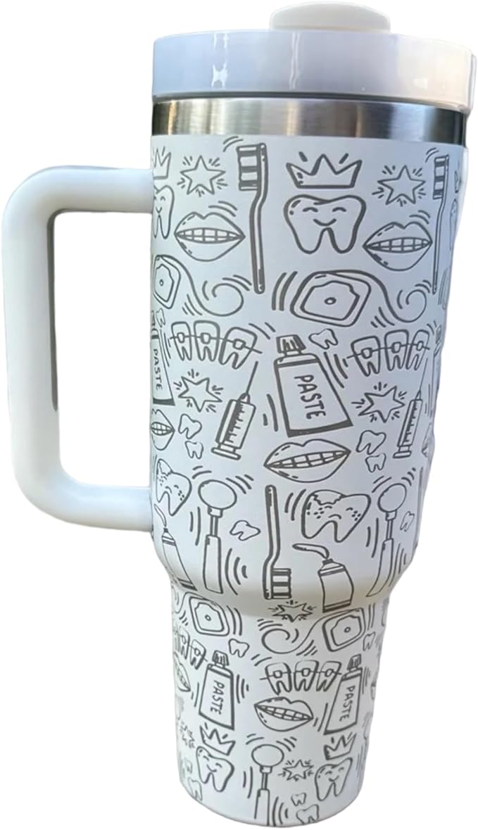 Tumbler, 40oz Tumbler, Western Tumbler, Engraved Cup with Handle, Cute Coffee Mug, 40oz Coffee Mug (White-Dental(K))