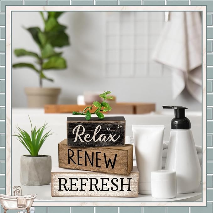 Moucuny 4 Pcs Bathroom Shelf Decor Sign Farmhouse Bathroom Decor and Accessories Rustic Eucalyptus Leaves Block Sign Gift Relax Renew Refresh Farmhouse Table Centerpiece for Home Office Toilet - Image 4