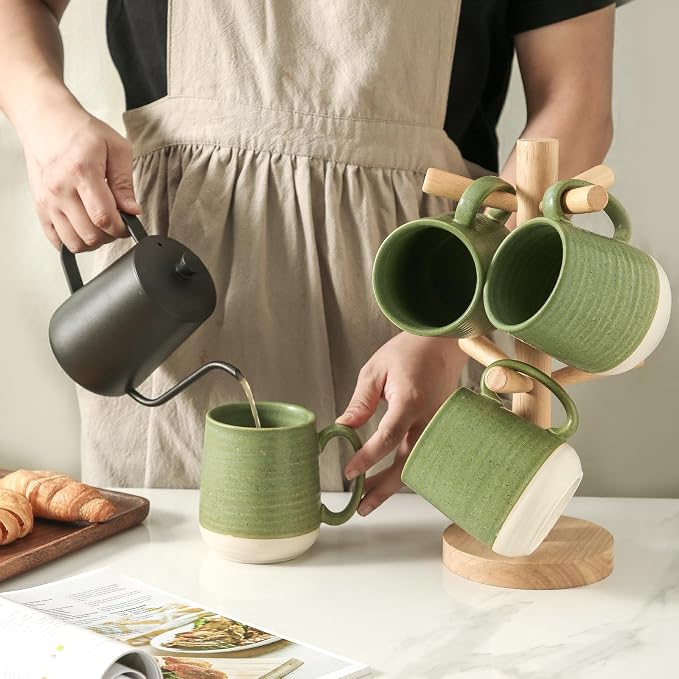 Large Ceramic Coffee Mugs Set - 15 OZ Porcelain Coffee Latte Cups Set of 4 with Handle Perfect for Cappuccino, Tea, Mocha, Hot or Cold Drinks, Unique Glaze Design for Home, Cafe and Coffee Bar, Green - Image 7