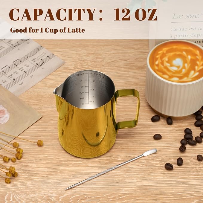 Amrules Milk Frothing Pitcher, 12 oz Milk Frother Cup with Clear Scale, 304 Stainless Steel Cappuccino Espresso Machine Accessories for Barista Coffee Bar with Latte Art Pen, Gold - Image 4