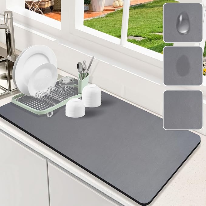 Dish Drying Mat for Kitchen Counter, 17x31.5 Pad with Rubber Backed (Grey) | Hide Stain Anti Absorbent for Kitchen Counter, Non-slip Drying Mat for Coffee Machine Dish Rack by Etomiel