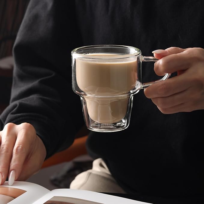 NIRA.Z 4 Pack Double Wall Glass Coffee Mugs 12 OZ Insulated Espresso Cups with Handle, Stackable Thermal Glass Coffee Cups, Ideal for Hot & Cold Drinks, Juice, Americano, Latte, Tea Bags, Cappuccinos