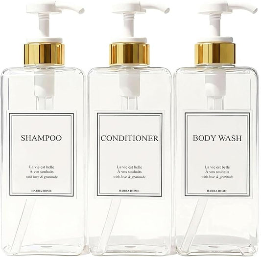 Modern Gold Design Large 27 oz Shampoo and Conditioner Dispensers - Plastic Refillable Pump Bottle Set for Bathroom Shower Soap Dispenser, Includes 6 Waterproof Labels, Set of 3 (Clear & White)