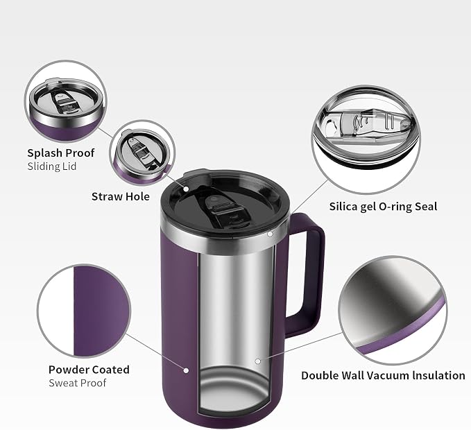 KXIAOCHEN 20 oz Insulated Coffee Mug, Coffee Cup with Lid and Wide Handle | 18/8 stainless steel, 6+ hours hot or 12+ hours cold, wide mouth, no-sweat exterior, for office, work, home and camping - Image 6