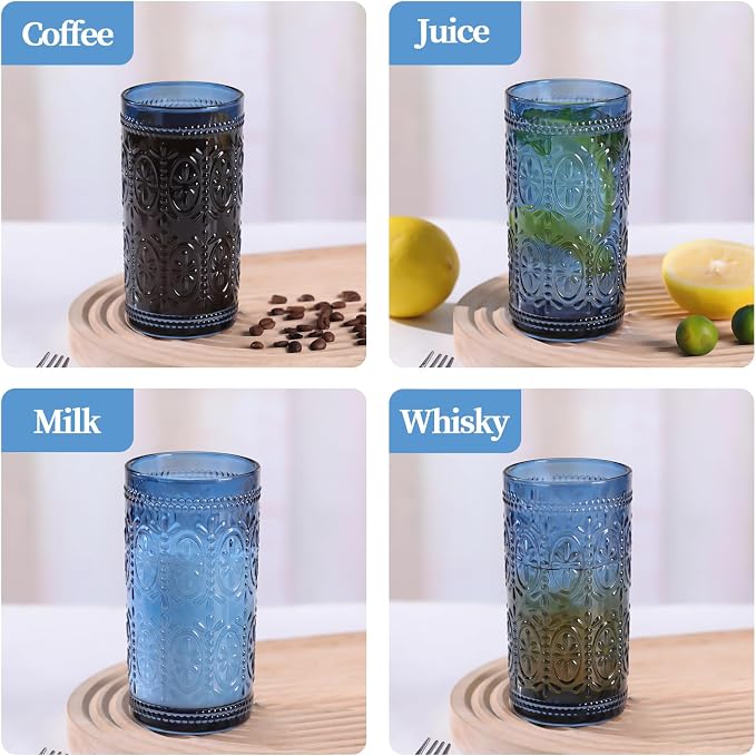abrwyy Blue Drinking Glasses, Vintage Glassware, 12oz Highball Glasses | Lead-Free Glass, Thick&Durable Glass, Home Decoration, Food Grade Glass - Image 6
