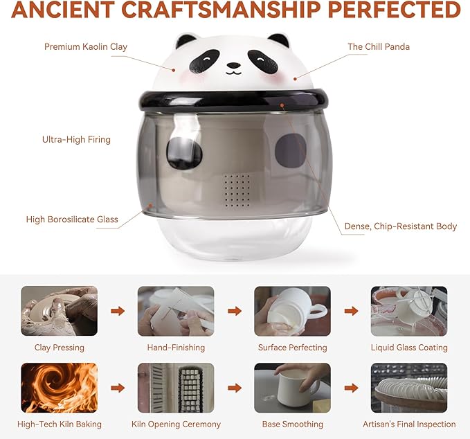 Tea Cup with Infuser and Lid 10oz - Panda Double-Wall Glass Mug with Ceramic Components, Cute Animal Design Loose Leaf Tea Gift for Birthday & Anniversary