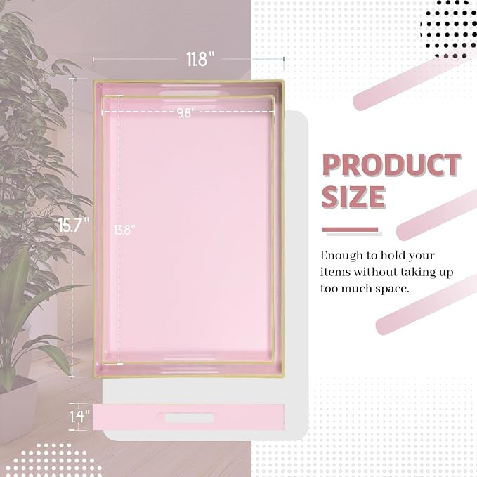 MAONAME Pink Serving Tray with Handles, Plastic Decorative Tray Set of 2 | Pink Decorative Tray for Coffee Table, Modern Ottoman Tray, Rectangle Melamine Tray for Living Room, 15.8"L x 10.2"W x 1.4"H - Image 2