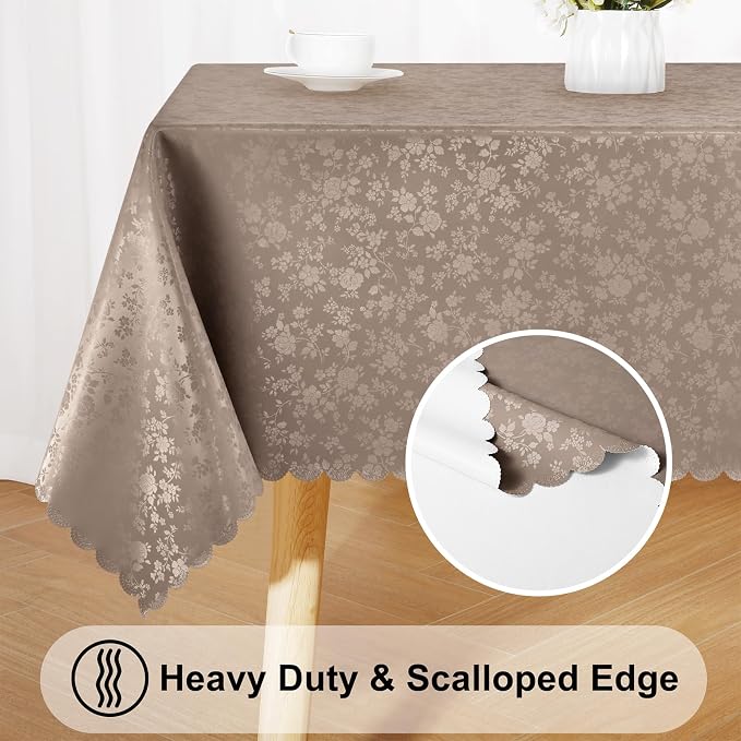 Smiry Rectangle Waterproof Heavy Duty Vinyl Tablecloths, 60 x 84 Inch | Wipeable Washable Floral Embossed Table Cover for Kitchen and Dining Room, Indoor & Outdoor Use, Taupe - Image 4