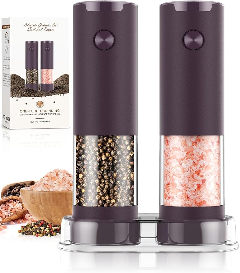 Electric Salt and Pepper Grinder Set Automatic Battery Pepper Mill Shakers Adjustable Coarseness Upgraded Larger Capacity with Led Home and Kitchen Appliances(Burgundy) by ioion