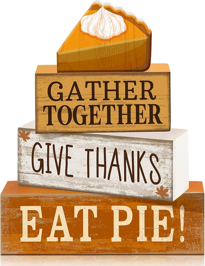 Moucuny 4 Pcs Fall Coffee Table Decor Fall Decoration for Home Wooden Stacked Block with Pie Topper Rustic Thanksgiving Tiered Tray Decor for Autumn Harvest Party Home Kitchen Coffee Bar by Moucuny