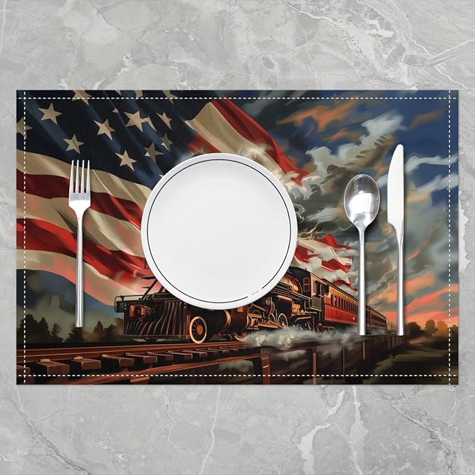 Feelyou Train Placemats Set of 4 American Flag Table Mats Colorful Steam Engine Place Mat for Kitchen Dining Table Party Decor Indoor Outdoor 18"x12" Transportation Vehicle - Image 2