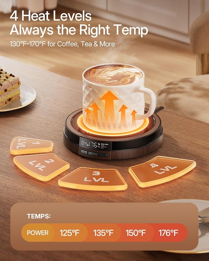 Coffee Mug Warmer for Desk, 50W, Cup Warmer 4 Temps & Timer - Wood | Smart Display; 12H Timer; Auto Shut Off; Fast Heating; Easy-Clean; Candle Warmer Plate; UL Certified Gift for Coffee Lovers - Image 3
