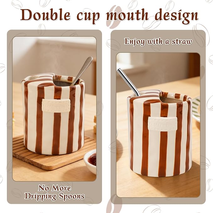 Ceramic Coffee Mug with Sip Hole 10oz Cute Espresso Cup | Unique Hand-Drawn Brown and White Striped Design, Microwave and Dishwasher Safe, for Kitchen Dining, Office, Holiday Gift - Image 7