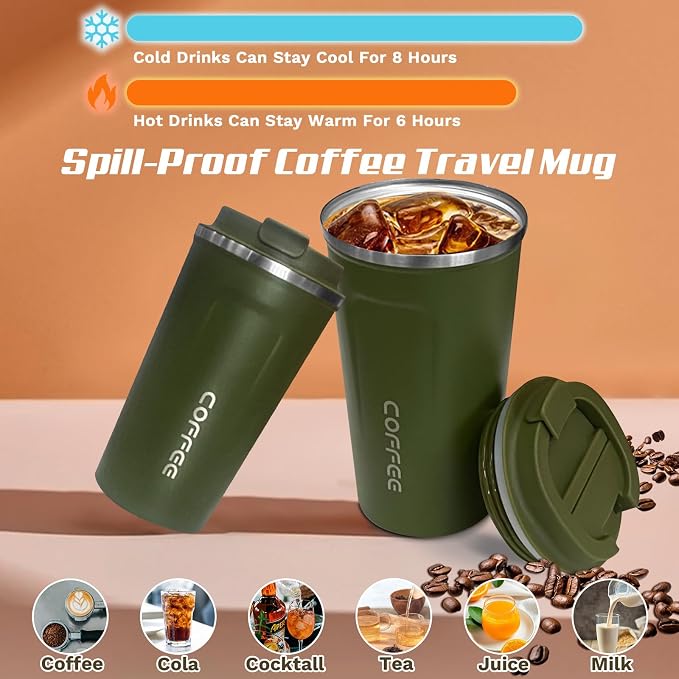SPLMIFA Travel Coffee Mugs Leak-Proof, Reusable Coffee Cups with Lids, Stainless Steel Vacuum Insulated Coffee Tumblers, Thermal Insulation Cups for Men and Women Hot & Cold Drinks(2nd-Green, 17OZ) - Image 2