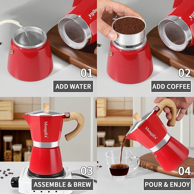 Mongdio Stovetop Espresso Maker Moka Pot, Cuban Coffee Maker Stove top coffee maker Moka Italian Espresso Greca Coffee Maker Brewer Percolator, 9 Espresso Cups, 15 oz - Red