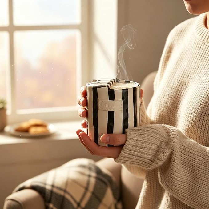 10oz Ceramic Coffee Mug with Sip Hole, Striped Espresso Cups for Hot & Cold Drinks and Microwave & Dishwasher & Freezer Safe, Ideal for Home Desk Kitchen Office Dorm Cafe Travel Daily - Black - Image 7