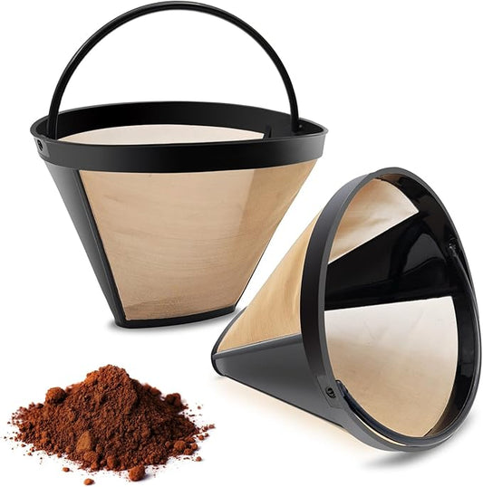 Gold Coffee Filter Reusable #4 Cone Coffee Filters Basket Replacement fits Cuisinart/Ninja Coffee Makers and Brewers (2)
