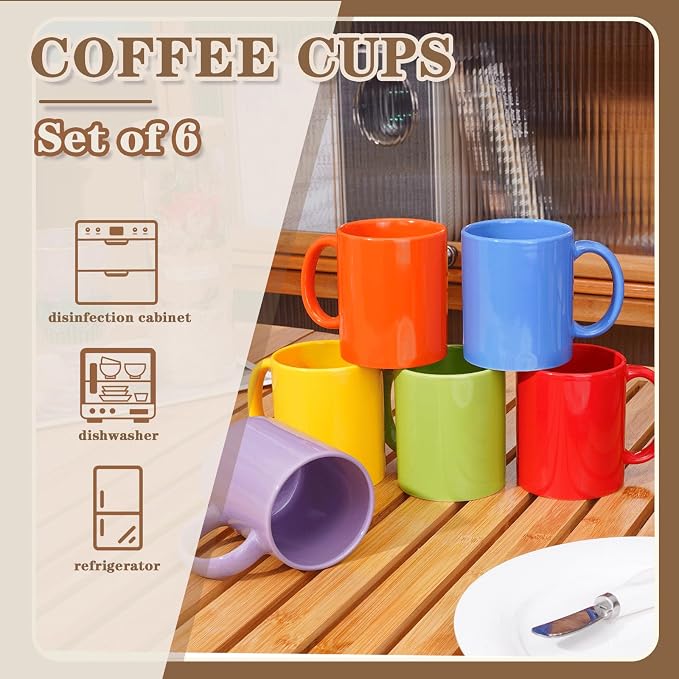 Multi-Coloured Ceramic Mugs Set of 6-11.2 oz / 330ml-Coffee Mugs-Cappuccino-Tea Cups- Hot Chocolate Cups (Warm color, Large) - Image 5
