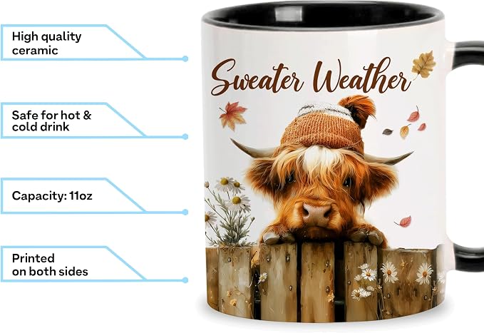 Hyturtle Fall Highland Cow Mug with Spoon Gifts for Cow Lovers on Birthday | Autumn Decor Gifts For Farmhouse Thanksgiving, Premium 11oz ceramic mug, Vivid double-sided cow print, Comfort grip handle - Image 3