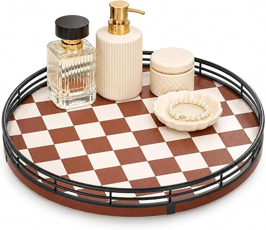 AMH 10-Inch Brown Checkerboard Lazy Susan Organizer with Black Metal Rail | Smooth rotating oak tray with walnut finish for dining tables, kitchen counters, pantries and cabinet storage. by AMH