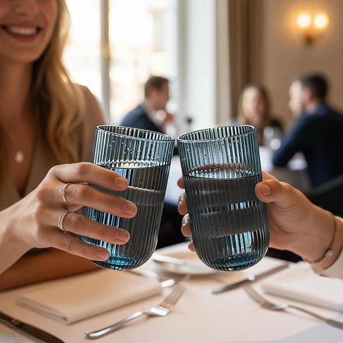 Set of 8 Ribbed Glassware,4 Highball Glasses 14oz & 4 Rocks Drinking Glasses 9oz, Origami Style, Fluted Design, for Milk, Water, Cocktail, Juice, Beer, ToothBrush Cup, Gif (Blue) - Image 6