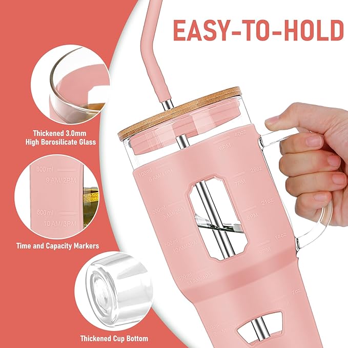 Glass Cups with Handle and Bamboo Lids - 40oz Tumbler with Stainless Steel Straw | Glass Water Bottle with Silicone Sleeve for Coffee, Smoothi, Hot/Cold Drinks for Travel, Office, Home (Pink)