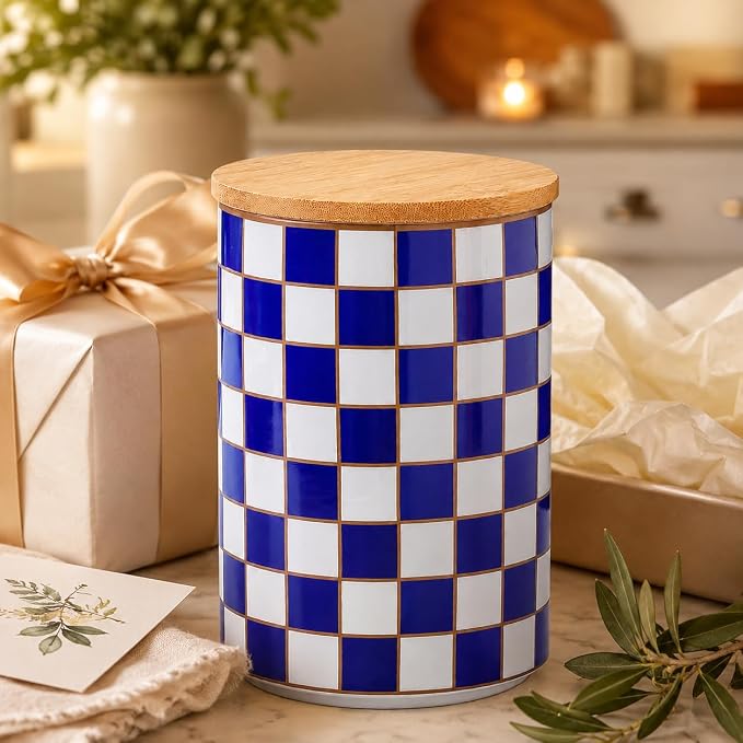 Kitchen Countertop Ceramic Checkered Canisters,Black And White Food Storage Containers With Lid,Airtight Kitchen Canisters for Flour, Sugar, Coffee, Tea, and Dry Goods (Blue, XL) - Image 9