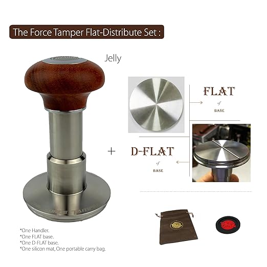 The Force Tamper Automatic Impact Adjustable Constant Pressure and Autoleveling Coffee Tamper Reddish Brown Jellyfish Wooden Handle Set Pro (Flat-Distribute Set, 58.50mm)