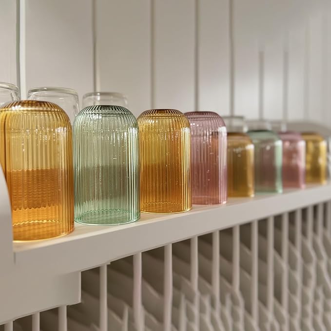 Set of 8 Dopamine-colored-match Ribbed Glassware,4 Highball Glasses 14oz & 4 Rocks Drinking Glasses 9oz, Origami Style, Fluted Design, for Daily use, Water, Cocktail, Whiskey, Kitchen, Gift - Image 3