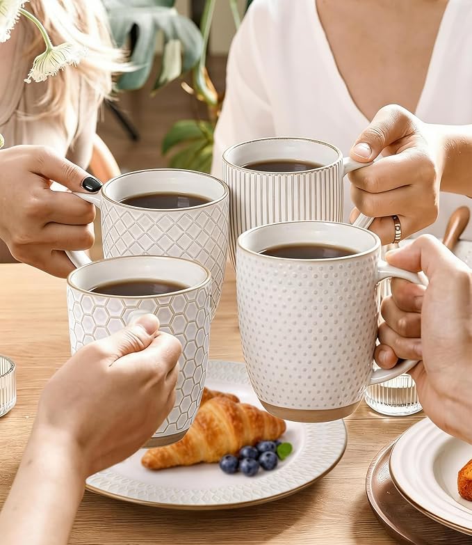 GBhome Large Coffee Mugs Set of 4, 16oz Handmade Embossed Coffee Mugs Set with Large Handle for Cappuccino/Latte/Tea/Hot Cocoa, Dishwasher & Microwave Safe, Off White - Image 5