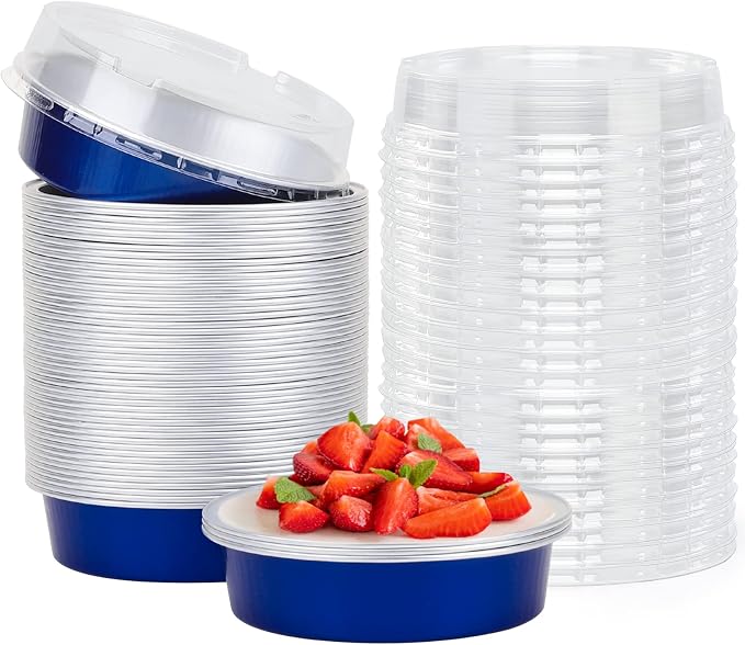 Beasea Mini Tart Pan 50 Pack with Lids, 4 Inch 8oz Jewelry Blue Disposable Aluminum Baking Foil Tins Small Round Container for Individual Dessert Cupcake Muffin Cheesecake Ramekins Quiche Oven Dishes by Beasea