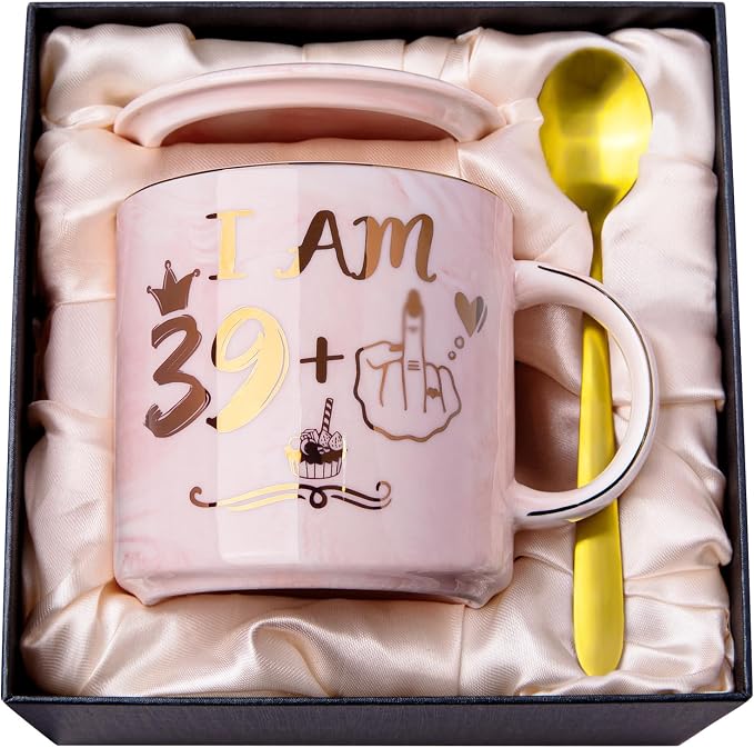 Funny 40th Birthday Gifts for Women, 14oz Pink Mug with 39+1 Hand Design | Marble Ceramic Gold Print Coffee Cup, Greeting Card & Luxury Gift Box, Celebrating Her Fabulous 40th with Humor and Style by ALBISS