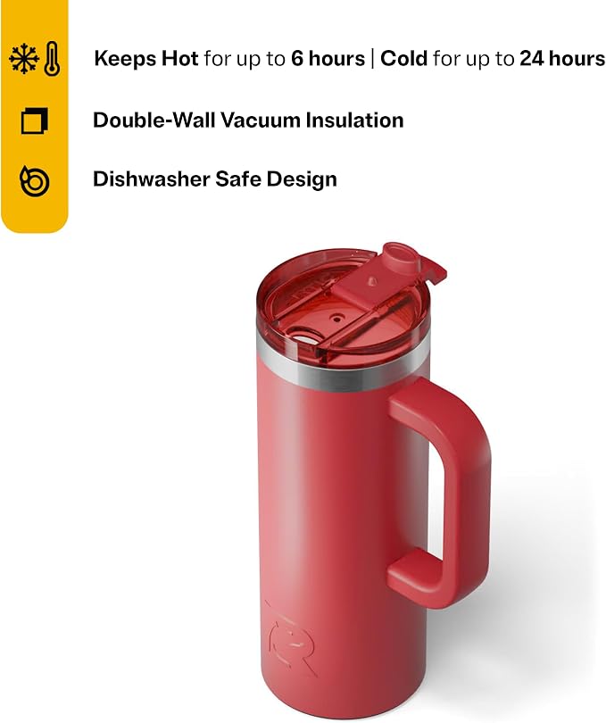 RTIC 20oz Road Trip Travel Mug with Lid and Handle, Ceramic Lined, Insulated, Stainless Steel, Metal, Double Wall Vacuum-Insulation, Portable Coffee, Tea Cup for Hot and Cold Drink, Flag Red - Image 2