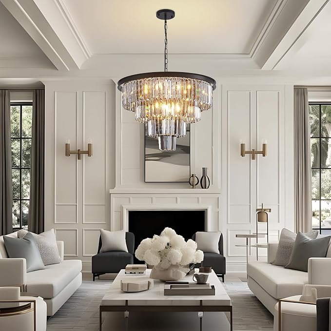 24'' Smoke Gray Crystal Chandelier Black Modern Luxury Light Fixture for Dining Room 4-Tier Round Hanging Pendant Ceiling Lighting for Entryway Foyer Living Room Bed Room Adjustable Height - Image 2