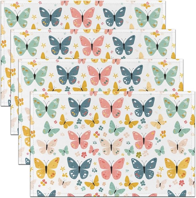 Feelyou Butterfly Table Mats Placemat Butterflies Print Placemats Set of 4 Placemats for Dining Table Indoor Outdoor Kitchen Kitchen Dining Table Butterfly Floral Decor Table Place Mats 12"x18" by Feelyou