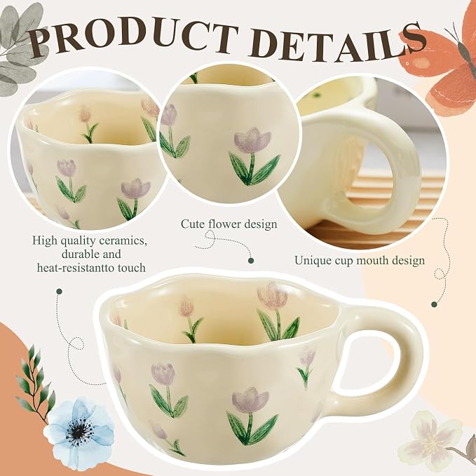 Vesici 2 Pcs Ceramic Coffee Mugs with Spoon, Vintage Floral Spring Mugs with Handle, 8.5 oz Aesthetic Flower Porcelain Tea Cup Set, Dishwasher & Microwave Safe Mothers Day Gifts for Mom(Charming) - Image 4