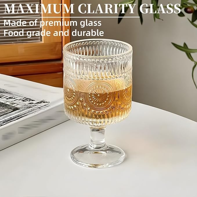 Pumtus 6 Pack Vintage Goblet Glasses, 7.6 OZ Embossed Floral Glass Cup, Clear Romantic Wine Glassware, Unique Pressed Pattern Stemware, Mixed Drink Glasses Set for Cocktail, Juice,Whiskey, Beer - Image 7