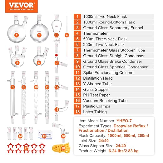 VEVOR Lab Distillation Kit, 3.3 Boro Lab Glassware Distillation Kit with 24, 40 Joint, 1000ml Essential Oil Distillation Apparatus Kit, 32 pcs Set of Glassware Equipment - Image 7