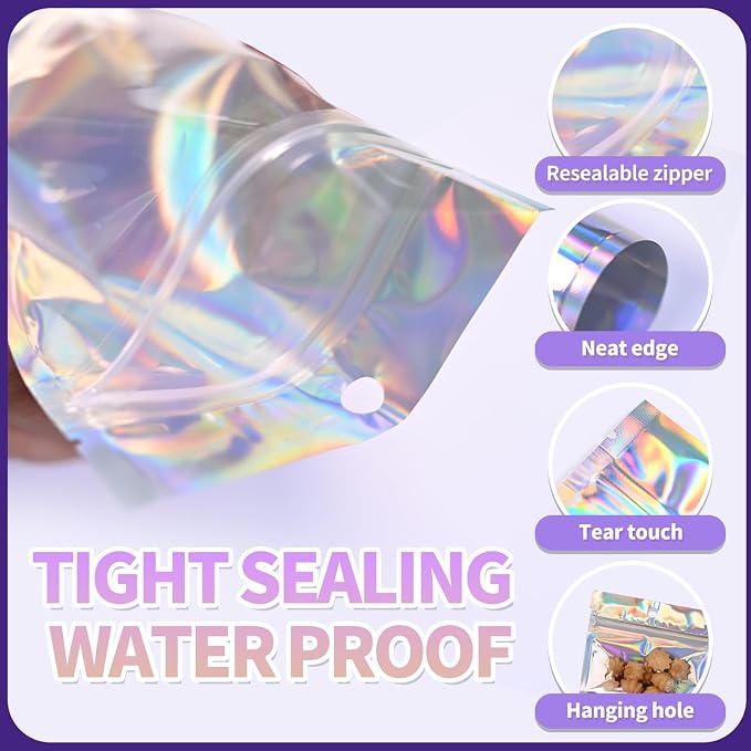 4"X6"120Pcs Resealable Holographic Aluminum Stand Bag for Small Business&Personal, Reusable Smell Proof Mylar Bags with Clear Window Ziploc Foil Pouch for Packaging,Jewelry,Nail Art,Makeup,Candy,Snack - Image 3