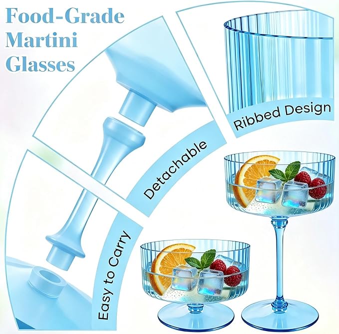 PLULON 12 Pcs Blue Coupe Martini Glasses Cocktail Champagne Cup 10 Oz | Ribbed Plastic Martini Espresso Glasses for Bar Drinking Gifts Wedding Birthday Party, Detachable Margarita Cup Glassware - Image 2